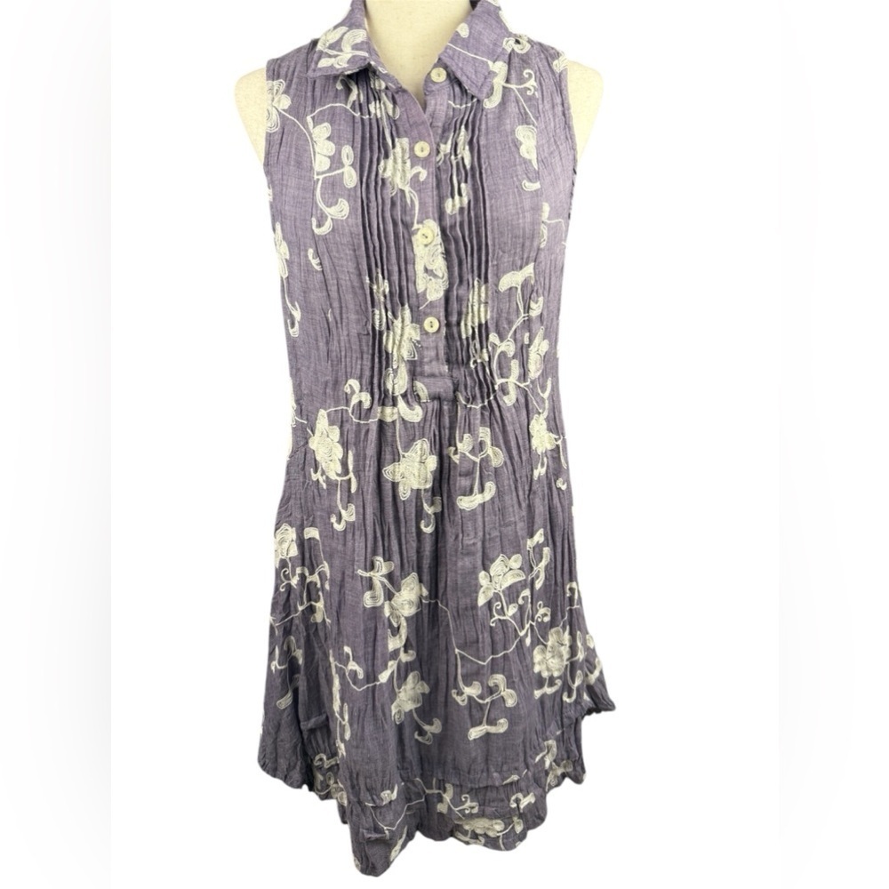 Linen blend lined embroidered dress lavender size M preowned